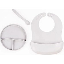 Freedom Storee Gri 3’lü Silikon Yemek Seti – Önlük + Diş Kaşıyıcılı Kaşık + Vakumlu Tabak