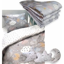 Özgürce Rahat ve Yumuşak 100% Pamuklu 120X200 Çocuk Uyku Seti, Gri Ay ve Bulut Tasarımı