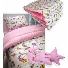 Özgürce Yumuşak ve Şık 70X140 cm Pamuklu Beşik Uyku Seti, Unicorn Temalı, 10 Parça
