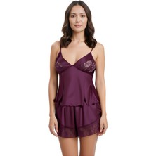 MTM My The Mall Mürdüm Saten Babydoll Şort Takımı Zarif Kadın Gece Giyim