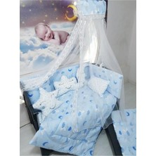 Özgürce 70X120 Bebek Uyku Seti, Ay Desenli Cibinlikli 12 Parça, Park Beşik Uyumlu