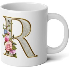 Ivart Kişiye Özel Altın Sarısı R Harfi Baskılı Tasarım Premium Beyaz Porselen Kupa Bardak