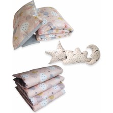 Özgürce Yumuşak Pamuklu 90X130 Beşik Uyku Seti, Somon, Ay Yıldız, Gri, 10 Parça