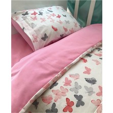 Özgürce Yumuşak 70X130 Pamuk Beşik Kenar Koruma Uyku Seti, Pembe Kelebekli, 7 Parça