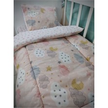 Özgürce Pamuklu Çocuk Beşik Yastık Çarşaf Yorgan, Somon Ay, Bulut, Pembe Yıldızlı