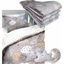 Özgürce Pamuklu 60X100 Beşik Uyku Seti Gri Ay Bulut 10 Parça Yorganlı