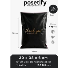 Poşetify Premium Renkli Kargo Poşeti 30X38X6 cm | 25 Adet | Thank You Baskılı | Siyah | Iç Göstermez