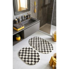 Eurobano Chess Dama Desenli 2'li Oval Bohem Banyo Paspası Lateks Kaymaz Makinede Yıkanabilir 60X100 60X50 cm