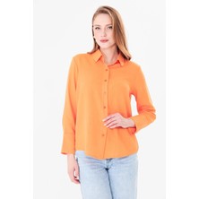 Nurneva Kadın Uzun Manşetli Rahat Kalıp Oranj Keten Gömlek