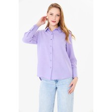 Nurneva Kadın Uzun Manşetli Rahat Kalıp Lila Keten Gömlek