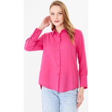 Nurneva Kadın Uzun Manşetli Rahat Kalıp Fuşya Renk Keten Gömlek