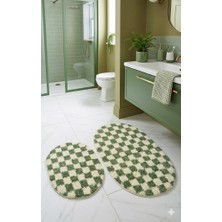 Eurobano Chess Dama Desenli 2'li Oval Bohem Banyo Paspası Lateks Kaymaz Makinede Yıkanabilir 60X100 60X50 cm