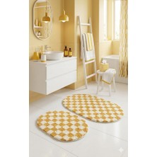 Eurobano Chess Dama Desenli 2'li Oval Bohem Banyo Paspası Lateks Kaymaz Makinede Yıkanabilir 60X100 60X50 cm