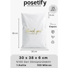 Poşetify Premium Renkli Kargo Poşeti 30X38X6 cm | 25 Adet | Thank You Baskılı | Beyaz | Iç Göstermez