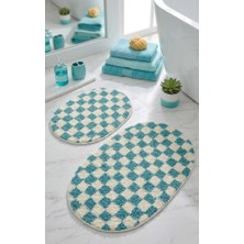 Eurobano Chess Dama Desenli 2'li Oval Bohem Banyo Paspası Lateks Kaymaz Makinede Yıkanabilir 60X100 60X50 cm