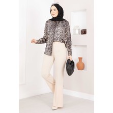 Kç Beli Lastikli Ispanyol Paça Pantolon Krem