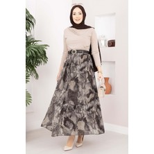 Ums Otantik Desen Kemerli Şifon Etek Vizon