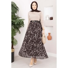 Ums Leopar Desen Kemerli Şifon Etek Kahve