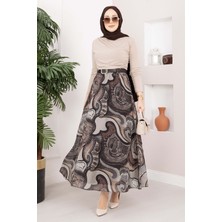 Ums Otantik Desen Kemerli Şifon Etek Kahve