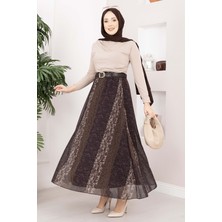 Ums Mini Çiçek Desen Kemerli Şifon Etek Kahve