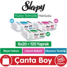 Sleepy Easy Clean Beyaz Sabun + Lilyum + Okyanus Yüzey Temizlik Havlusu Çanta Boy 6X20 (120 Yaprak)