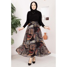 Ums Otantik Desen Kemerli Şifon Etek Haki