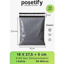 Poşetify Cepsiz Kargo Poşeti 18X27,5X5 cm | 50 Adet | E-Ticaret Poşeti | Gri | Yapışkan Bantlı Kargo Zarfı