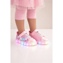 Minibonito Kız Çocuk  Desenli Işıklı LED Tabanlı Simli Cırt Cırtlı Sneaker