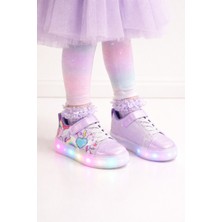 Minibonito Kız Çocuk  Desenli Işıklı LED Tabanlı Simli Cırt Cırtlı Sneaker