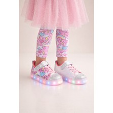 Minibonito Kız Çocuk  Desenli Işıklı LED Tabanlı Simli Cırt Cırtlı Sneaker