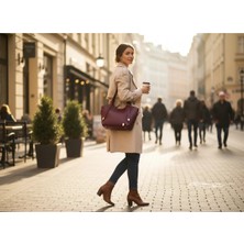 Sevmine Bordo Mini Şık Kadın El ve Omuz Çantası | Gold Detaylı | 27X26X5 cm