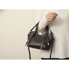 Sevmine Kahverengi Mini Şık Kadın El ve Omuz Çantası | Gold Detaylı | 27X26X5 cm