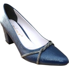 Bilener 450 Bayan Kapalı Taşlı Kısa Kalın Ökçeli Stiletto Ayakkabı Lacivert