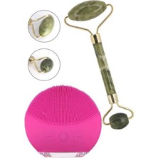 Şarj Edilebilir Fuşya Yüz Temizleme Cihazı ve Jade Roller Yeşim Taşı Masaj Aleti 2'li