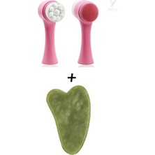 Pembe Çift Taraflı Yüz Temizleme Fırçası +Yeşil Gua Sha Yüz Bakım Taşı Masaj