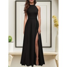 Kadın Halter Yaka Derin Yırtmaç Detaylı Tam Boy Ithal Krep Abiye Elbise