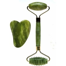 2 Li Set Yeşim Taşı Guasha & Çift Taraflı (Tırtıklı) Masaj Aleti Jade Roller