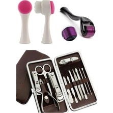 1 14 Parça Bakım Seti Dermaroller 1 mm + Yüz Temizleme Fırçası + Manikür Pedikür Tırnak Bakım Seti