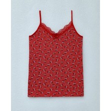 Çiçek Desenli Dantelli Ip Askılı Atlet -Kırmızı