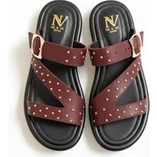 Ne&Ve Shoes Bordo Hakiki Deri Pim Detaylı ve Tokalı Kadın Günlük Şık Terlik