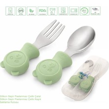 Jojobebek Yeşil Renk Ayıcık Figürlü Premium Çocuk BPA Free Silikon Sap Paslanmaz Çelik Uçlu Çatal-Kaşık Set ve Saklama Kutusu 9+ Ay