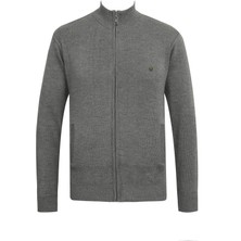 Çizgi Triko Erkek Yarım Balıkçı Yaka Cepli Fermuarlı Gri Hırka Klasik Kalıp - 5200K