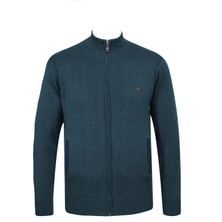 Çizgi Triko Erkek Yarım Balıkçı Yaka Cepli Fermuarlı Petrol Hırka Klasik Kalıp - 5200K