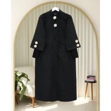 Gold Broşlu Gizli Çıtçıt Düğmeli Cepli Astarlı Kaşe Kap -Siyah