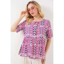 Desenli Kısa Kol Bluz 969 - Fuşya