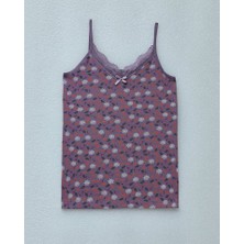 Çiçek Desenli Dantelli Ip Askılı Atlet -Mor