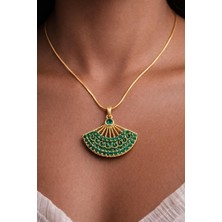 Stainless Steel Yelpaze Kolye Zilkon Taşlı Mineli Çelik Kolye