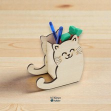 Bi' Dünya Haber Ahşap Kedi Desenli Kalemlik ve Telefon Tutacağı