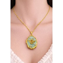 Stainless Steel Gold Kaplama Açılır Turkuaz Melek Figürlü Madalyon Kolye