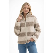 Sibel Günay Butik Bej Krem Çizgili Fermuarlı Kadın Polar Sweatshirt